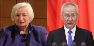 美國財政部長葉倫（左）18日將在瑞士蘇黎世與中國國務院副總理劉鶴（右）面對面會談。（左圖中央社檔案照片，右圖中新社）