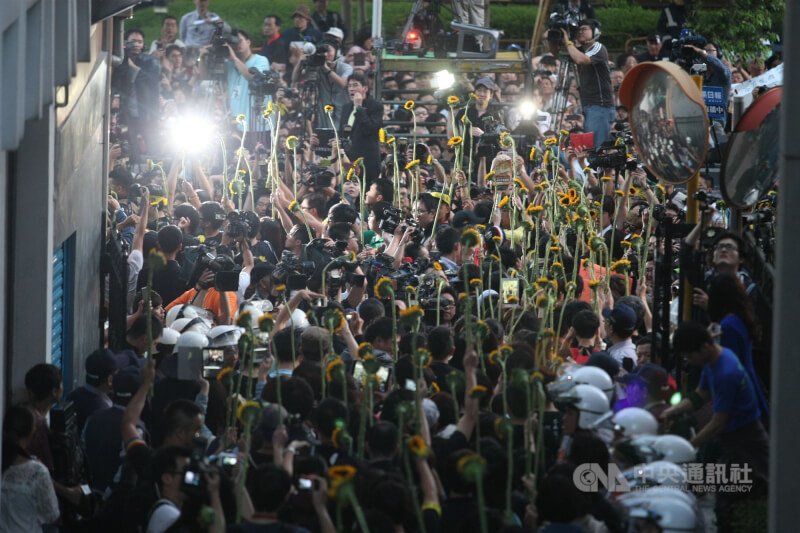 反兩岸服務貿易協議學生團體傍晚陸續退出立法院議場,手持太陽花前往濟南路出席晚會活動。(中央社檔案照片)