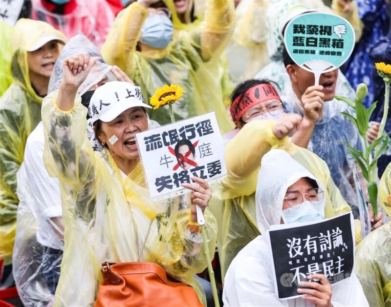 立法院會28日三讀修正通過立法院職權行使法部分條文後,場外民眾比出「倒讚」手勢抗議。中央社記者鄭清元攝 113年5月28日