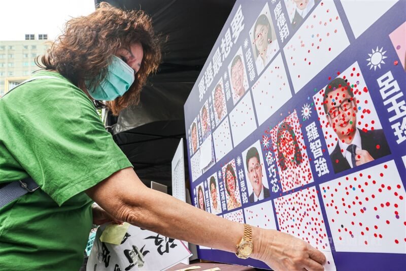 民眾在印有國民黨立委頭像的看板上貼貼紙,透過票選活動表達罷免心聲。中央社記者鄭清元攝 113年5月28日