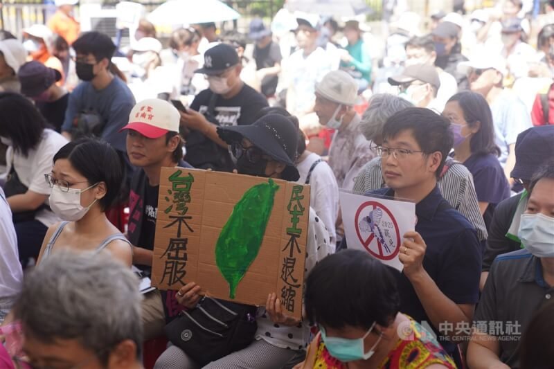 立法院21日表決行政院對國會職權修法所提覆議案，公民團體在立法院外舉辦「青鳥行動」，支持者舉自製標語表達立場。中央社記者徐肇昌攝 113年6月21日