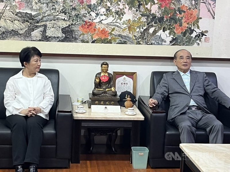 前立法院長王金平(右)5日晚間宴請台中市長盧秀燕(左),2人在餐敘前閒話家常,王金平笑著對盧秀燕說,「現在外面大家都在問你要選黨主席,還是要選總統?」表示如果她要選會支持。中央社記者林巧璉攝 113年7月5日