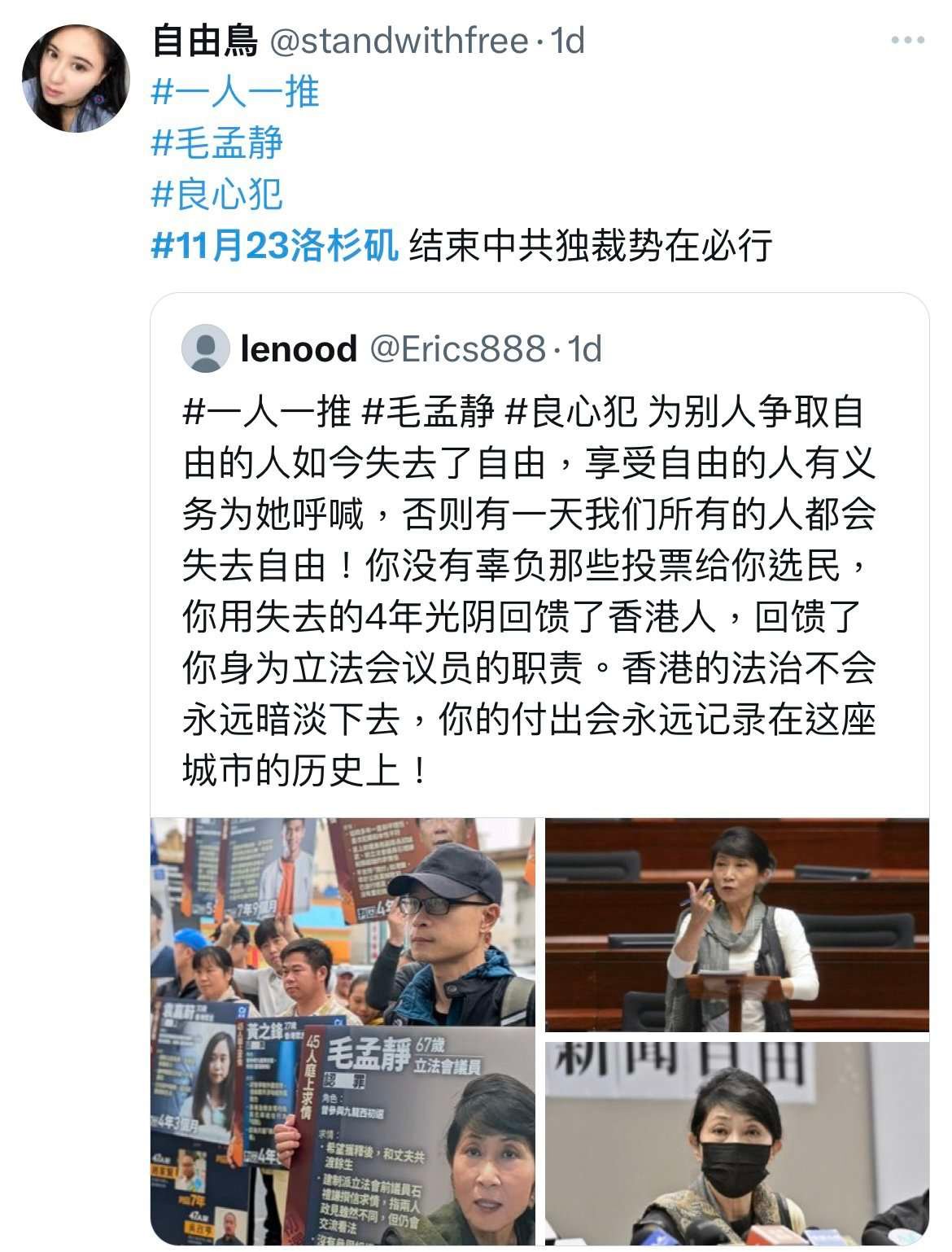 M1126-SC1.jpg 社交媒體X上"一人一推"聲援香港四十七人案被判刑者的情形(X截圖)